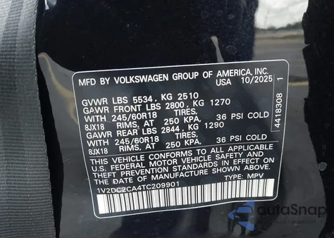 2026 Volkswagen Atlas Cross Sport Se/Se With Technology from USA, damaged, VIN 1V2DC2CA4TC209901